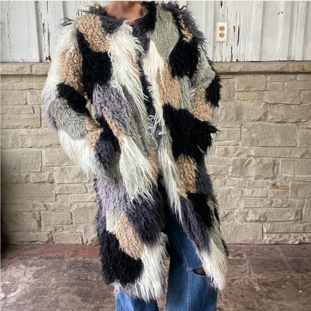 Multicolor patchwork shaggy faux fur coat shearling duster jacket